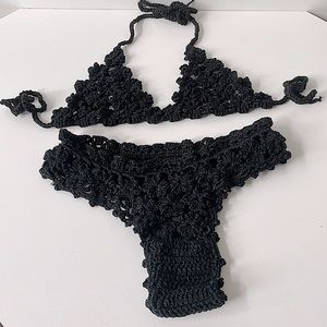 NWT black crochet micro bikini string sides halter tie floral cut out ruched top